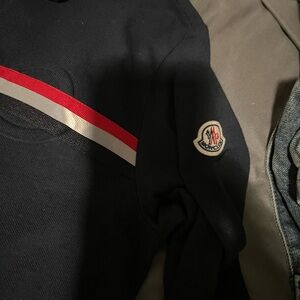 Moncler Navy Crewneck Sweater with Red and White Chest Stripe